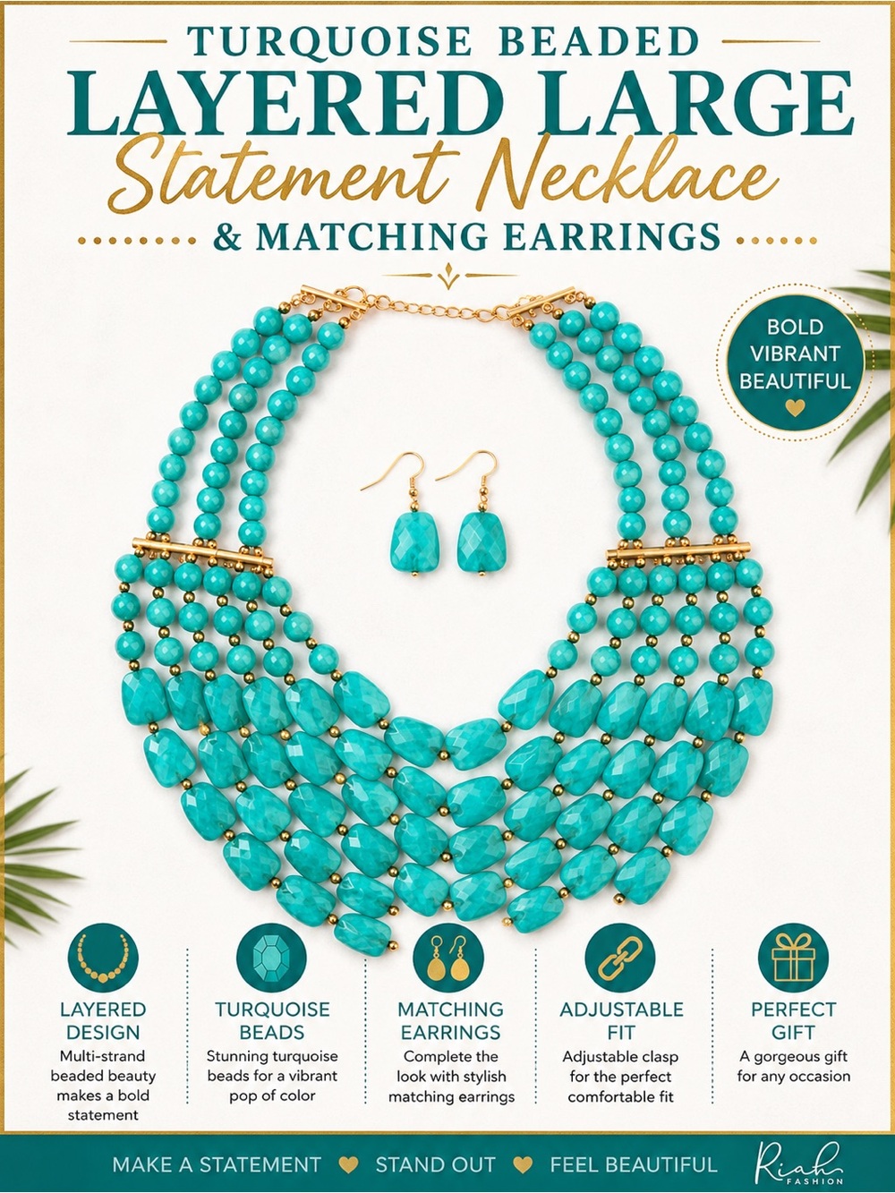 Turquoise Beaded Layered LG Statement Necklace